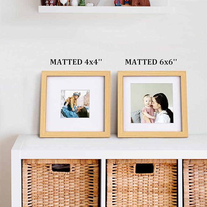Egofine 8x8 Picture Frames Natural Wood Frames with Plexiglass, Display Pictures 4x4/6x6 with Mat or 8x8 Without Mat Set of 4 for Tabletop and Wall Mounting