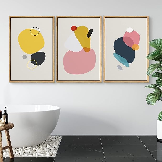 SIGNFORD Framed Wall Art Print Set Yellow, Pink, Black & Blue Transparent Blots Abstract Shapes Digital Art Modern Art Contemporary Colorful for Living Room, Bedroom, Office - 16"x24"x 3 Natural