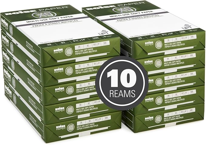 Boise® X-9® Multi-Use Printer & Copy Paper, 10 Reams, White, Legal (8.5" x 14"), 5000 Sheets Per Case, 20 Lb, 92 Brightn