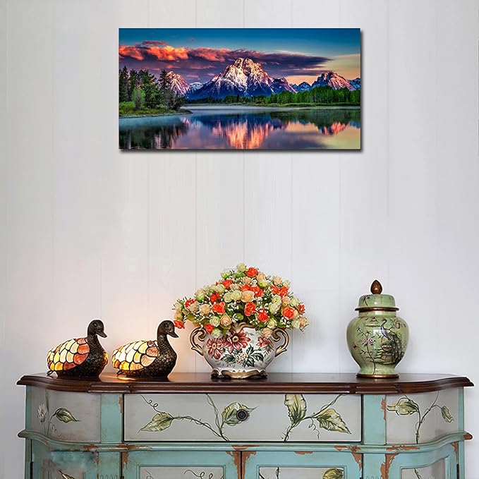 Sunset Landscape Canvas Wall Art for Living Room Grand Teton Wyoming National Park Picture Wall Decor Snake River Mountain Forest Nautre Prints Artwork Bedroom Bathroom Office Home Decor 20" X 40"
