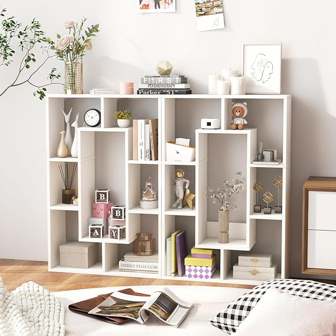 Tangkula 35.5” Geometric Bookshelf, Freestanding Wood Open Bookcase with 7 Cubes, Anti-Toppling Devices, Home Office Décor Rectangular Storage Shelf Display Rack for Study Living Room (1, White)