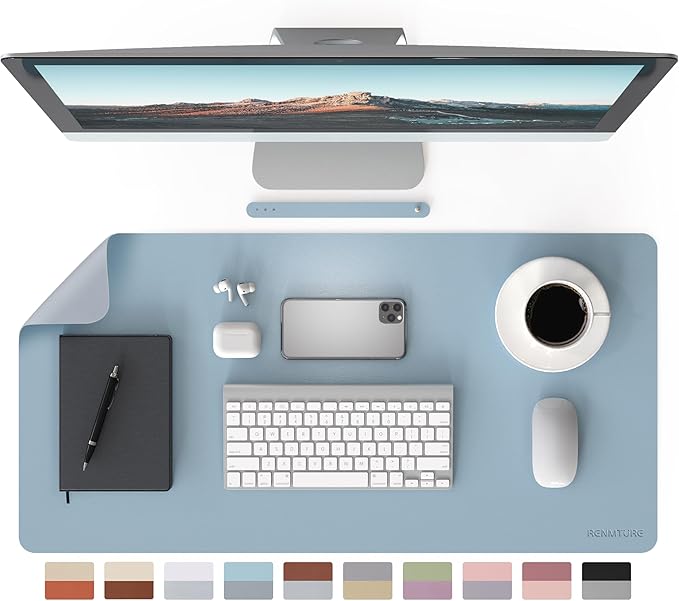 RENMTURE Double-Sided Two-Tone Faux Leather Desk mat Desktop Organization and Accessories Home and Office Large Mouse pad Game and Work (Blue/Gray, 32"x16")