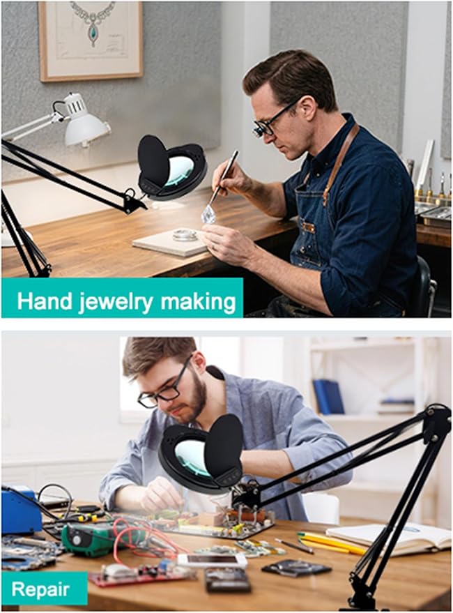 15X LED Magnifying Light, 5 Color Modes Dimmable LED Desk Lamp with Clamp, Long Arm Hands Free Desk Magnifier Light with Dust Cover for Crafts Hobby Painting Sewing Close Work