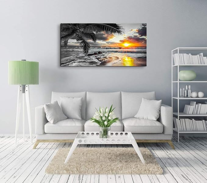 Yxbhhym-Large Canvas Black White Gold Ocean Wall Art Sunset Beach Pictures Coastal Painting Sunrise Seascape Scenery Print Palm Poster Sea Artwork for Bedroom Wall Art Living Room Office Décor