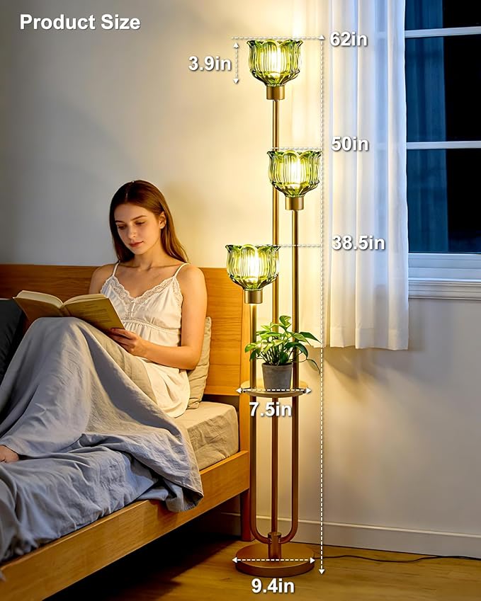 Lightdot Glass Floor Lamp for Living Room 3-Lights Modern Dimmable Gold Floor Lamp with Green Glass Shade & 3000K Bulbs Included Unique Tall Standing Lamp for Bedroom/Sofa Beside/Corner Decor