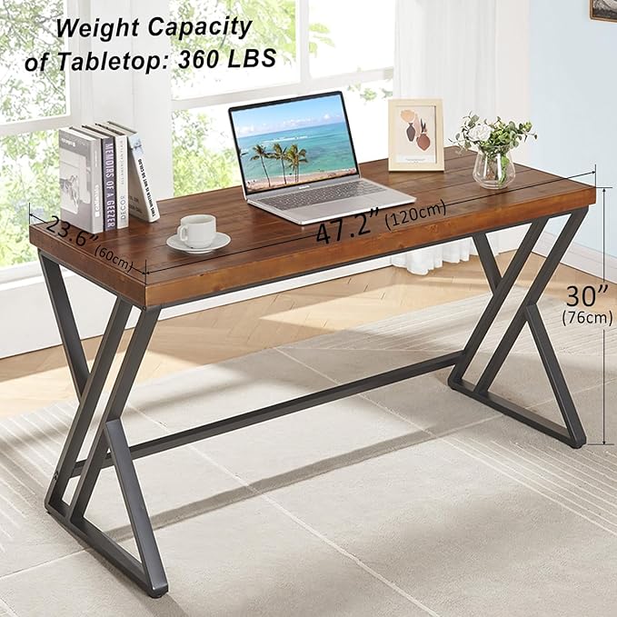 Real Wood Computer Desk, Modern Natural Wood Home Office Desk, Rustic Solid Wood Work Study Writing Desk, Farmhouse Workstation PC Gaming Executive Table for Bedroom, Brown, 47 inch