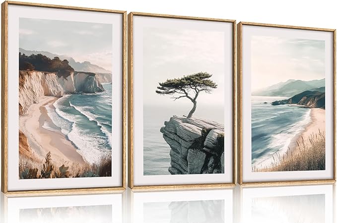 Amalfi Coastal Beach Framed Canvas Wall Art Set, Summer Ocean Wall Decor, Southwestern Beach Wall Painting, Ocean Seascape Art Prints for Living Room, Bedroom, Dining Room - 12"x16"x3