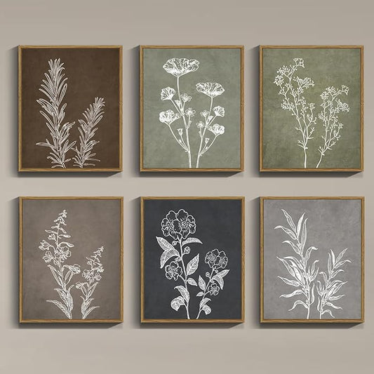Drsoum Vintage Botanical Wall Art Framed Boho Wall Decor Wooded Minimalist Plant Print Modern Rustic Farmhouse Home Kitchen 8x10inx6pcs