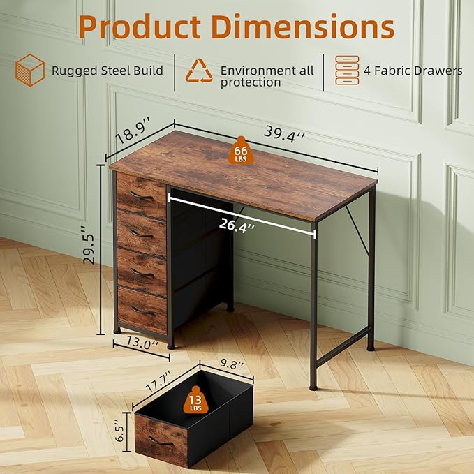 Somdot Small Computer Desk with 4 Drawers for Bedroom,39 Inch Simple Home Office Writing Desk, Study Table with Storage,Work for Home Office, Study,Living Room and Small Spaces,Wood Grain Print