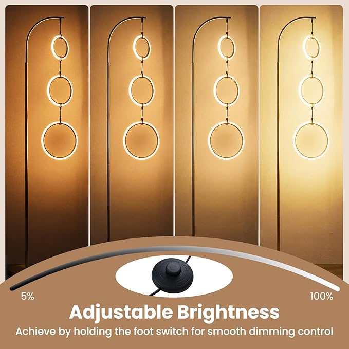 Giantex 71'' Modern 3-Ring LED Floor Lamp, Dimmable Standing Lamp with Foot Switch, 3 Color Temperatures Tall Contemporary Light for Living Room, Bedroom, Office, Gold