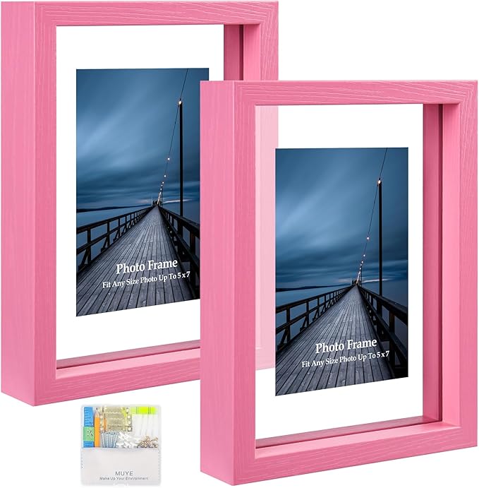 MUYE 5x7 Floating Frame Set of 2,Double Real Glass Photo Frame for Wall Hanging or Tabletop Standing,Also Display 4x6 or 3x5 Photo for Floating Effect,Pink