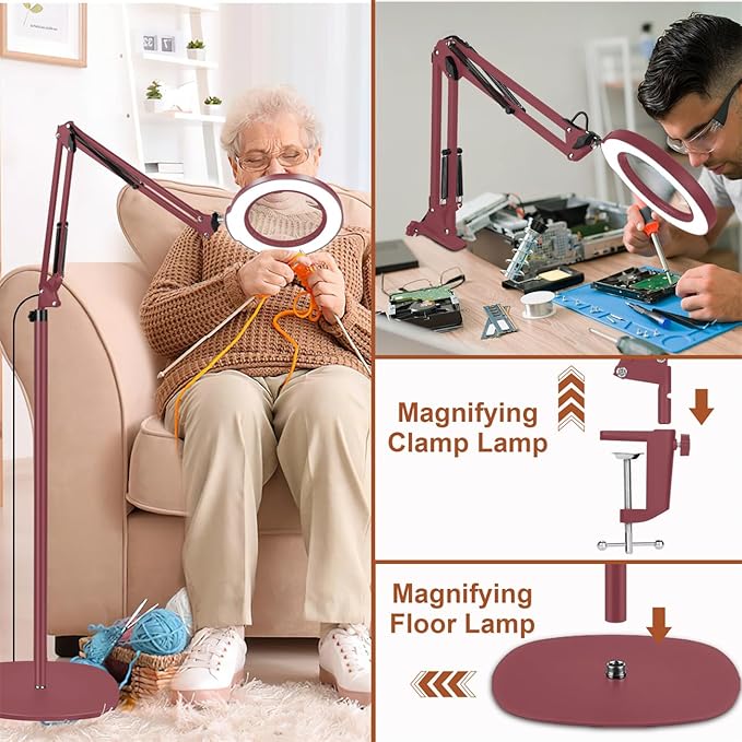 LANCOSC 10X Magnifying Glass with Light and Stand, 3-in-1 Adjustable Swing Floor Lamp, 5 Color Modes Stepless Dimmable, LED Lighted Hands Free Magnifier & Clamp for Reading, Crafts, Painting - Red