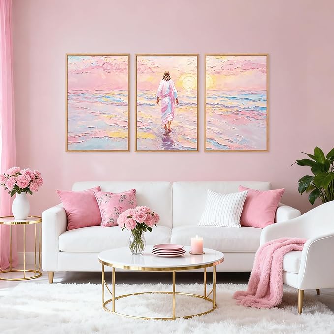 CHDITB Jesus Walking on Water Framed Canvas Wall Art(16"x24"), 3 Panels Colorful Abstract Christian Bible Story Faith LDS Artwork Prints, Large Religious Watercolor Boho Sunset Landscape Christ Gift Decor for Home Office Bedroom