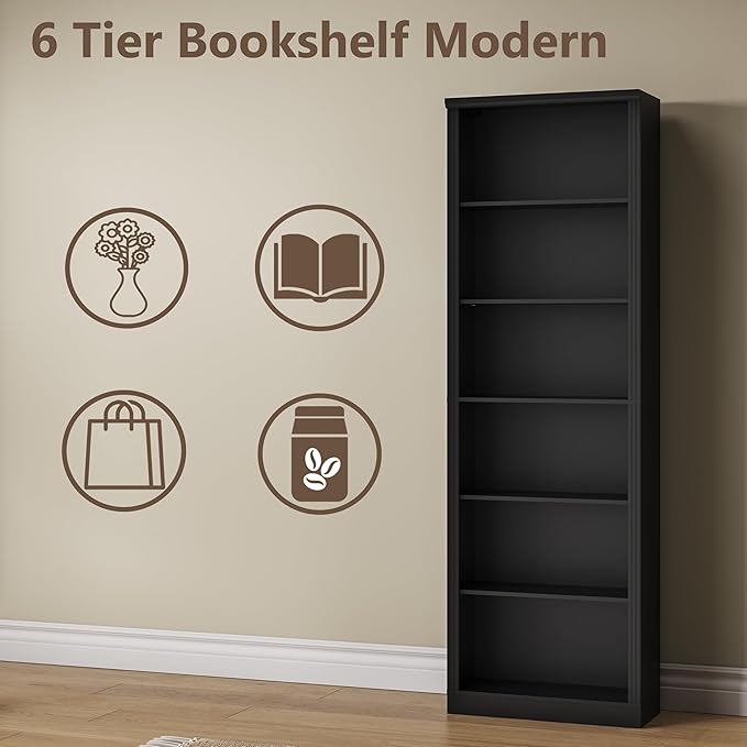 Tall Bookshelf, 6-Tier Bookcase with 2 Adjustable Shelves, Modern Farmhouse Storage for Living Room, Entryway, Office, 23.6" W x 74.8" H x 10.6" D, Black