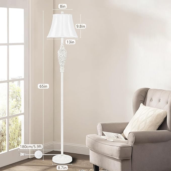 65’’ Vintage Floor Lamp for Living Room, Traditional White Standing Lamp with Carved Resin Base and Foot Switch, Classic Farmhouse Tall Pole Lamp, Bedroom, Office