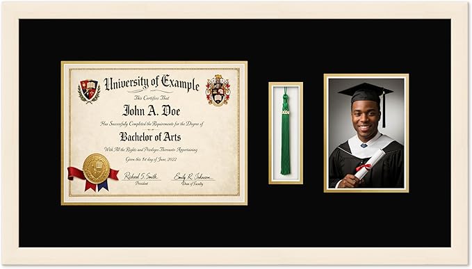 CountryArtHouse Diploma Tassel and Photo Shadowbox Fits 11 x 8.5 US Letter Certificate with Tassel Coastal Whitewash Genuine Hardwood with Black Over Metallic Gold Double mat