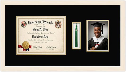 CountryArtHouse Diploma Tassel and Photo Shadowbox Fits 11 x 8.5 US Letter Certificate with Tassel Coastal Whitewash Genuine Hardwood with Black Over Metallic Gold Double mat