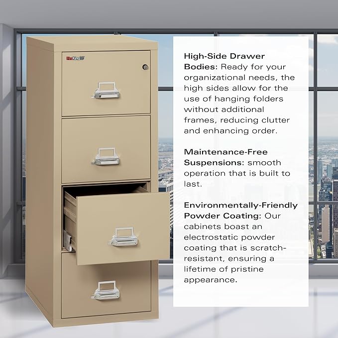 FireKing Fireproof Vertical File Cabinet (4 Letter Sized Drawers, Impact Resistant, Water Resistant), 52.25" H Parchment, 18 W x 25 D, (41825CPA)