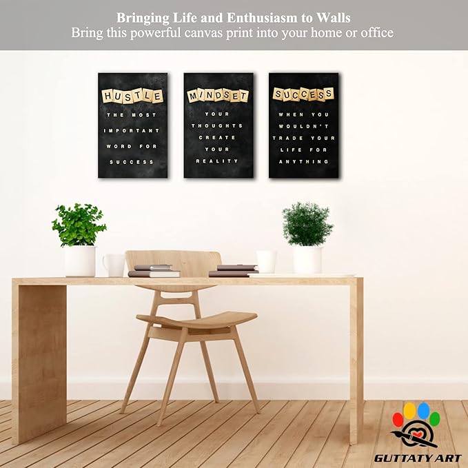 Office Wall Art - 3 Panel Motivational Canvas With Inspirational Quotes for Home and Company Decor, Positive Entrepreneur Words Poster Frame 12"x18"x3Pcs