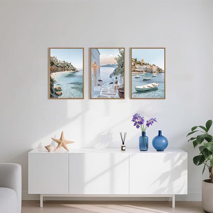 Greek Island Coastal Framed Canvas Wall Art Set,Modern Mediterranean Whitewashed Architecture Scenery Wall Decor,Natural Blue Beach Boat Landscape Artwork for Living Room,Farmhouse- 24"x36"x3