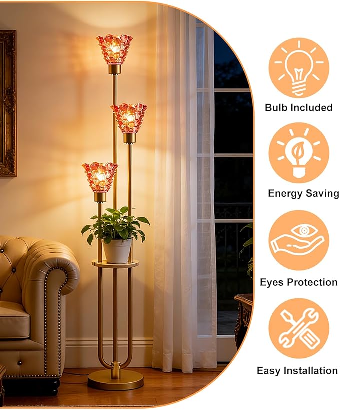 3-Light Modern Glass Floor Lamp with Shelf, Gold Tall Standing Lamp with Pomegranate Red Flower Glass Shade, LED Floor Lamp with Foot Switch for Living Room Bedroom Home Decor, Bulb Included