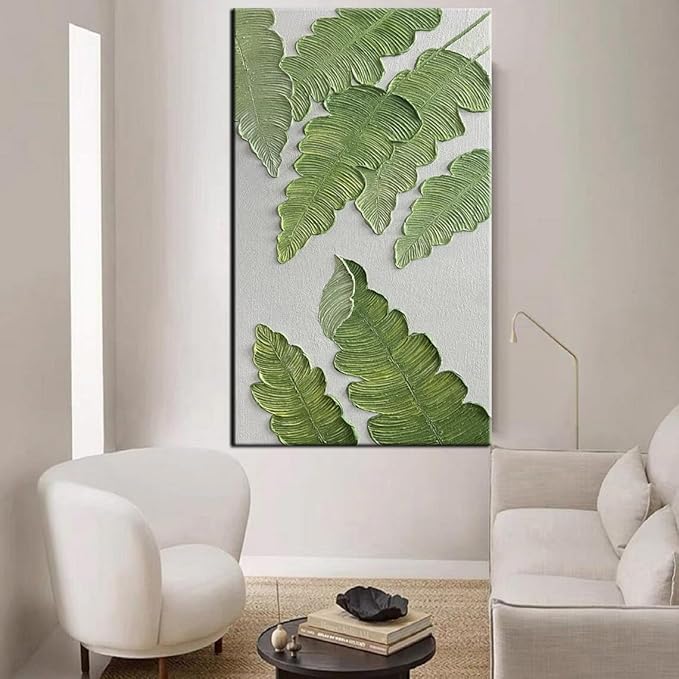 YaSheng Art- large Vertical Wall Art Oil Paintings ,Handmade 3D Textured Wall Art Green Large leaf plant Artwork paintings ,Modern Minimalist Abstract Wall Art painting, Wall Art for living room Bedroom Wall Deco Home, Framed Wall Art Pictures 30x60inch