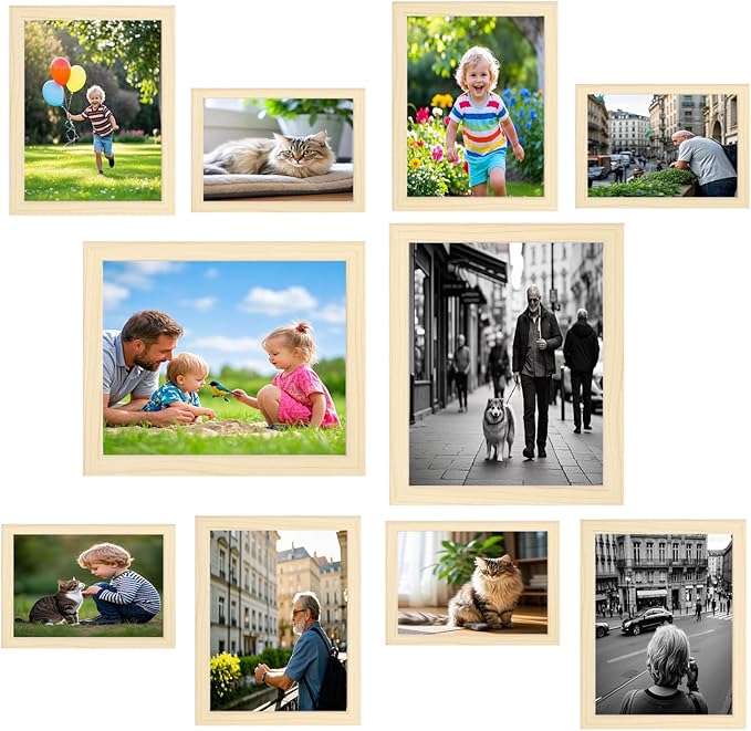 Picture Frame Set 10 pack, Farmhouse Photo Frames, Gallery Wall Frame Collage, 8x10 5x7 4x6 Frames in 3 Different Finishes Picture Frames For Wall or Desk,Natural