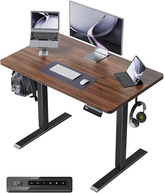 CubiCubi 32 x 20 Small One-Piece Standing Desk, Adjustable Height Electric Computer Home Office Sit Stand up Workstation, with 4 Memory Presets, Headphone Hook, Black Walnut