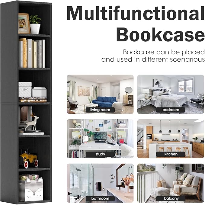 6-Tier Narrow Bookshelf, 71.5" Tall Corner Bookcase, Modern Book Shelf with Storage Space, Wooden Display Storage Shelves for Bedroom, Living Room and Office, Black