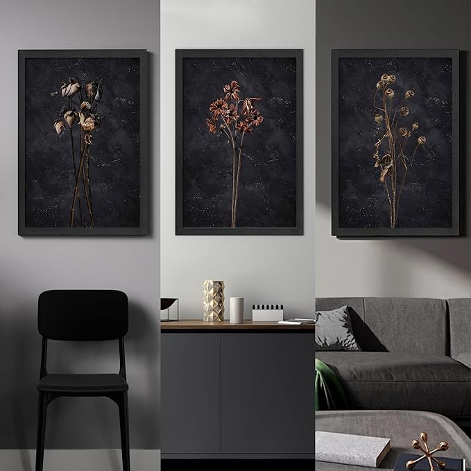 3 Piece Black Framed Dried Flower Wall Art Set Modern Minimalist Wall Decor For Living Room Bedroom Home Decoration Art Prints 16x24 Inches Wood Framed Easy to Hang
