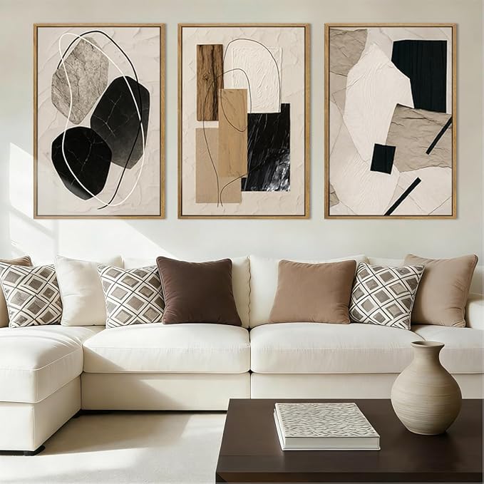 BINCUE Abstract Modern Wall Art Decor Framed Neutral Painting Prints Artwork for Living Room Bedroom 16x24 Inch Set of 3