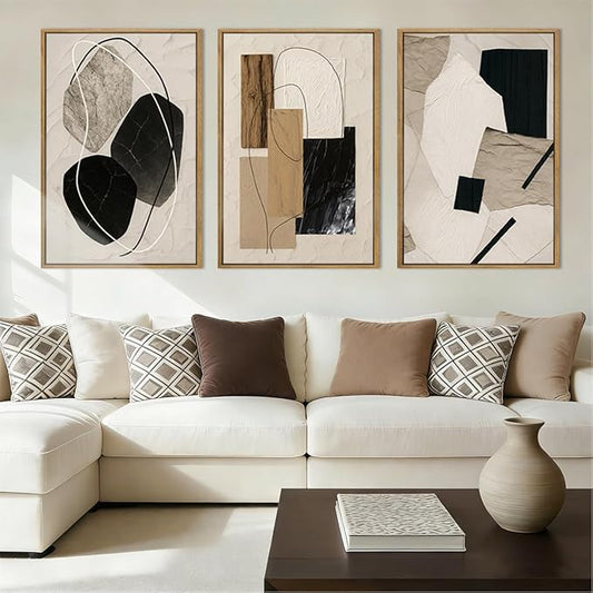 BINCUE Abstract Modern Wall Art Decor Framed Neutral Painting Prints Artwork for Living Room Bedroom 16x24 Inch Set of 3