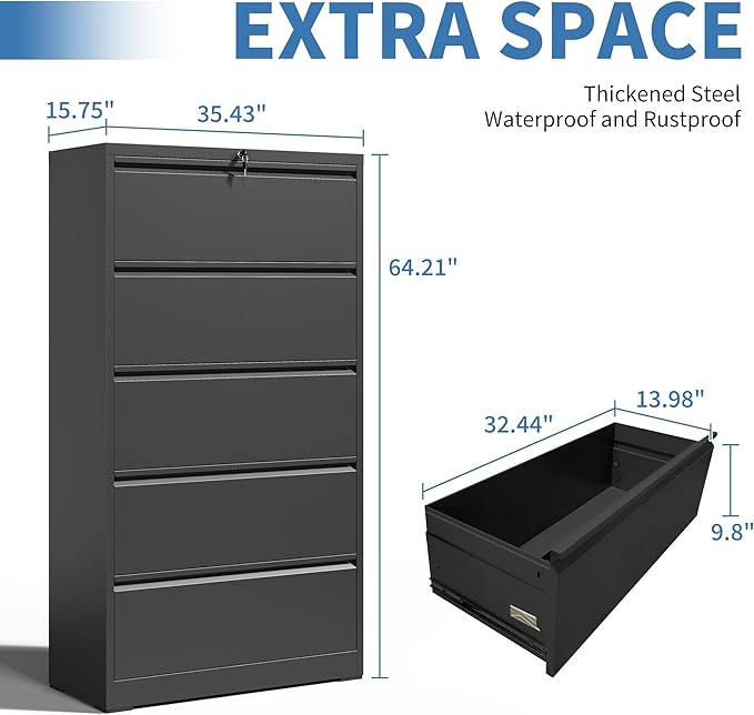 File Cabinets 5 Drawer,Metal Office Storage Filing Cabinet with Lock,White Lateral Filing Cabinet for Home Office,Horizontal Locking File Cabinet for Legal/Letter/A4,Assembly Require,Black