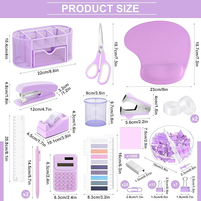 VAIPI 17 Pcs Purple Office Supplies Set Desk Organizers and Accessories with Mouse Pad, Calculator, Stapler, Staples, Scissors, Pens, Sticky Notes, Page Markers for Office School Home