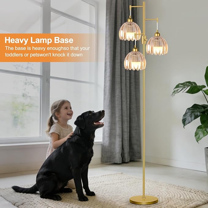 Gold Floor Lamps for Living Room Vintage Floor Lamp with Glass Lmapshape & Led Bulb,Dimmable Floor Lamps Brass Mid Century Modern Standing Lamp Tall Tree Flower Floor Lamp for Bedroom,Office,Corner