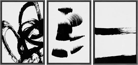 SIGNWIN Framed Wall Art Print Set Grunge Style Black & White Paint Strokes Abstract Shapes Illustrations Modern Art Bohemian Group Dramatic Grey for Living Room, Bedroom, Office - 24"x36"x3 Black