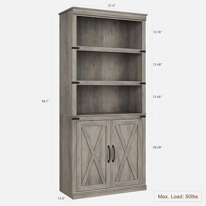 GarveeHome 5 Tier Book case with Cabinet, Farmhouse Book Shelf with Storage Doors, 68.7 in Tall Wooden 5 Shelf Case for Home Office, Living Room, Bed Room-(Grey, 68.7 in H x 31.5 in W x 12.9 in D)