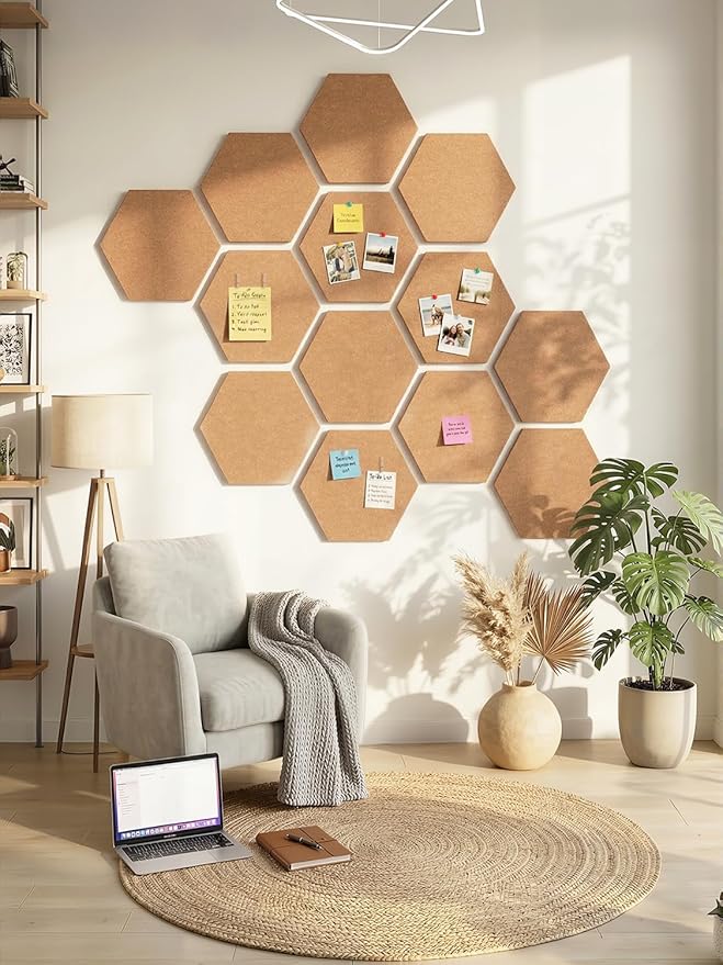 12" Large Bulletin Board with 30 Push Pins, Pack of 8 Hexagon Felt Pin Board Notice Boards for Home Office, Felt Wall Tiles for Photos Memos (Brown)
