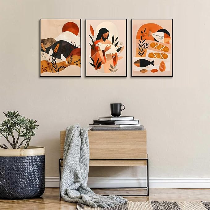3Pcs Jesus Canvas Wall Art Boho Retro Art Home Posters Prints Jesus Feeds The 5000 Christian Abstract Pictures Wall Decor for Living Room Bedroom Church Decoration Unframed