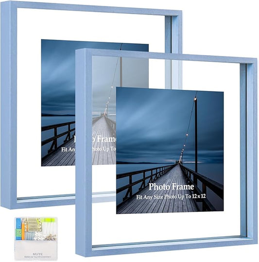 MUYE 12x12 Floating Frame Set of 2,Double Real Glass Square Photo Frame,Display Any Size Photo up to 12x12,Wall Mount or Tabletop Standing,Blue