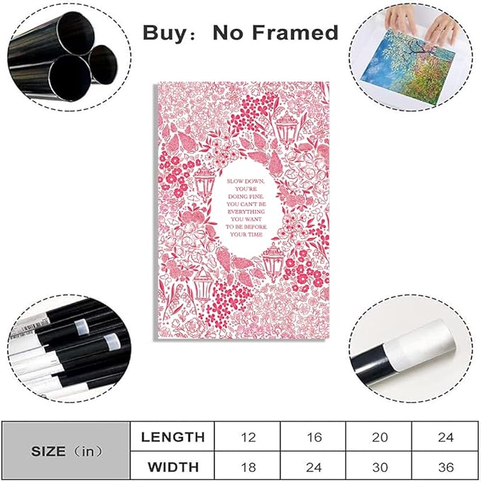 Balsuka Slow Down You're Doing Fine Music Posters Motivational Quote Pink Wall Art Vintage Floral Positive Daily Reminder Song Lyrics Canvas Print Aesthetic Office Home Decor 16x24inch Unframed