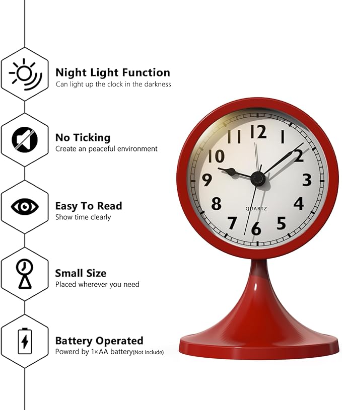 AYRELY® 3" Cute Analog Alarm Clock,Small Retro Table Clock Battery Operated,Slient Metal Desk Clock with Light for Living Room Decor,Bedroom,Bedside,Shelf（Rose red）