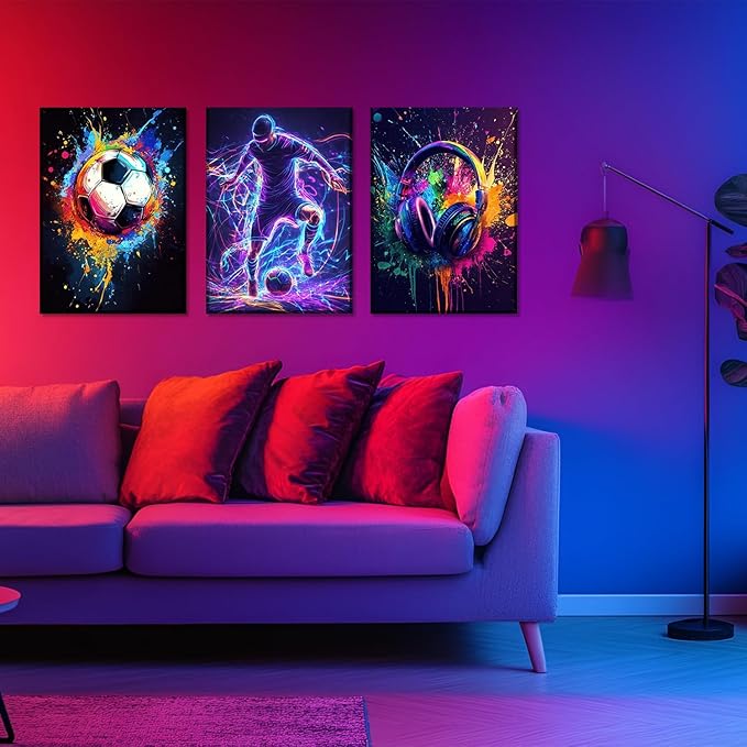 3PCS Soccer Canvas Wall Art Neon Color Splash wall decor pictures with Headphone and Soccer Design Posters Prints for Bedroom Game Room Living Room Boys Room Decor Framed (12inx16in canvas)