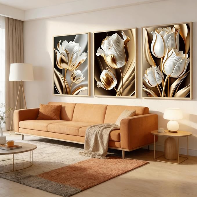 3Pcs Abstract White Gold Floral Wall Art Modern Luxury Minimalism Painting Pictures Wall Decor tulip Plants Posters Prints Artwork for Living Room Bedroom Office Home Decoration 16 x 24in unframed