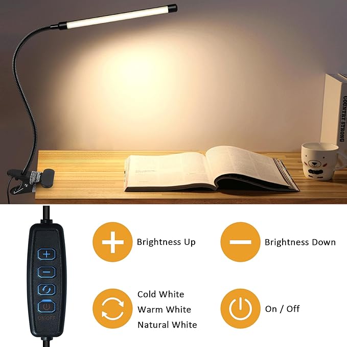 LED Clip on Light 8W Reading Lights for Books in Bed, Adjustable 3 Modes 10 Brightness Dimmable Clamp Lamp, Flexible Book Light Clip on for Bed Workbench Drafting, 580LM, USB Adapter Included