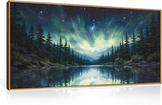 HOURIA Luminous Northern Lights Forest Lake Framed Canvas Wall Art Set,Starry Nordic Aurora Borealis Mountain Scenery Decor,Wilderness Pine Tree Reflection Artwork for Living Room,Farmhouse-20 x40 x1