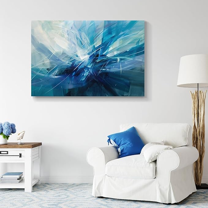gaosoul Modern Abstract Canvas Wall Art Blue Harness Graffiti Painting on White Background Stylish Framed Minimalism Artwork Prints for Living Room Bedroom Office Decor 48x32in