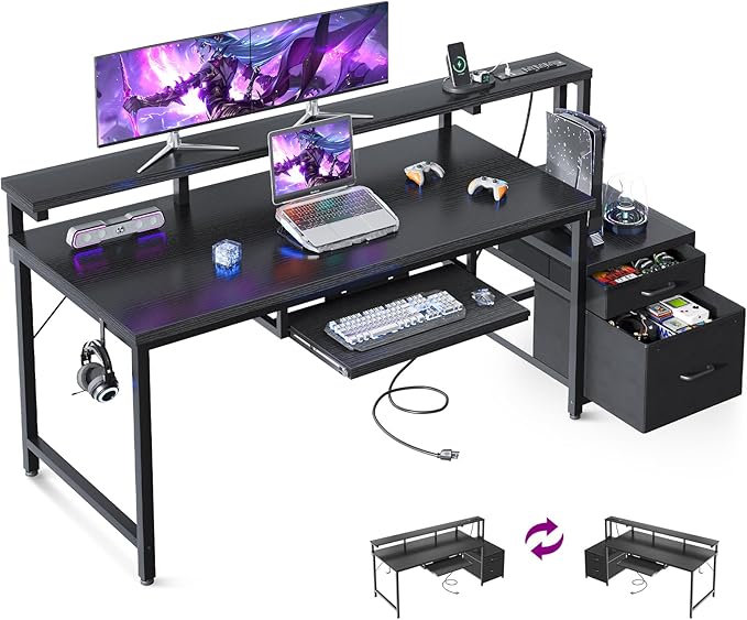 AODK Computer Desk with Drawers and Keyboard Tray, 63" Office Desk with Power Outlet, Reversible Study Work Desk with Printer Shelf and File Cabinet for Home Office, Black