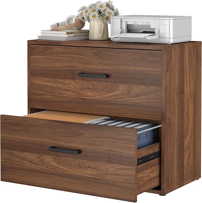 Lateral File Cabinet 2 Drawer, Walnut Woood File Cabinets for Home Office, Office File Cabinet for Letter/Legal/Hanging Files, Easy Assembly