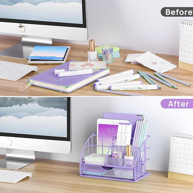 Purple Desk Organizers and Accessories, Purple Office Supplies with Mesh Desk Organizer, Acrylic Tape Dispenser and Stapler, Staples, Ballpoint Pen, Clips Set, Ruler, Scissor, Sticky Labels